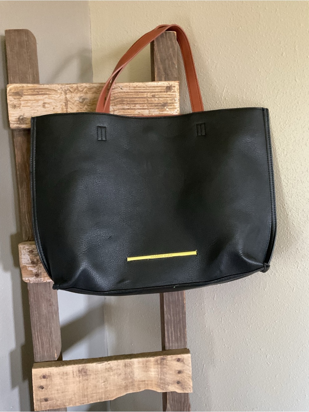 Steve Madden Black Tote with Brown Handles and Gold Hardware - Picture 4 of 8